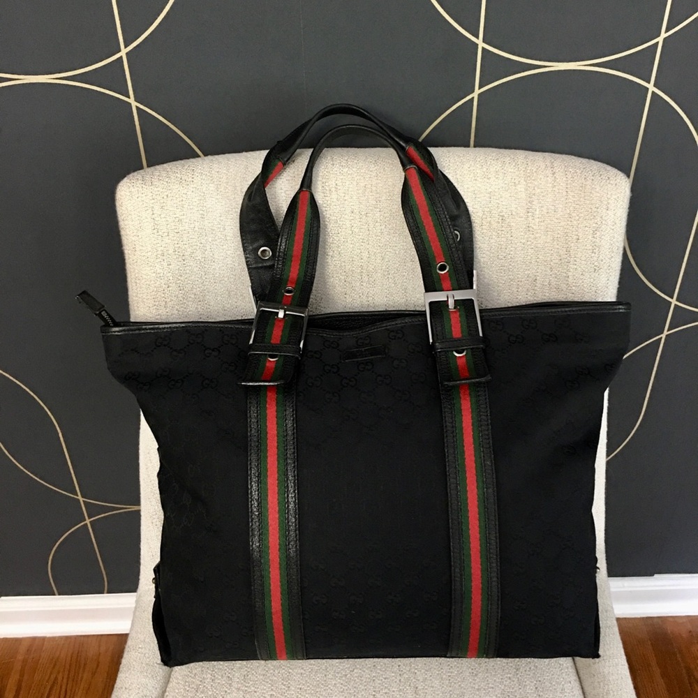 Authentic Gucci black monogram canvas tote bag